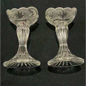 Vintage Rose Cottage Frosted Etched Glass Candlesticks Grannycore Cottagecore
